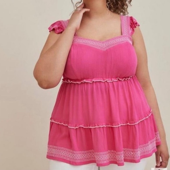 torrid Tops - Torrid Babydoll Crinkle Gauze Embroidered Tiered Top - Barbie pink
